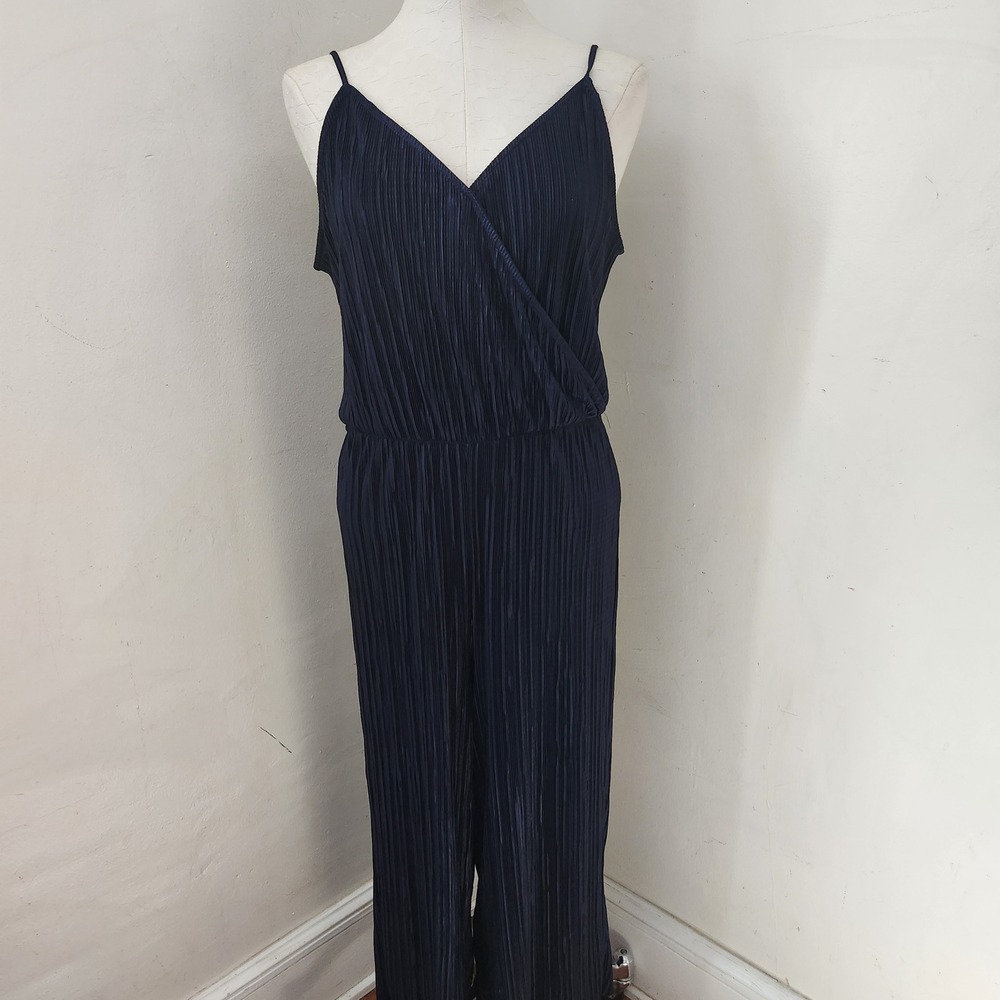 Atmosphere Navy Blue Pleated Jumpsuit Surplice Wrap Spaghetti‎ Strap Size 10